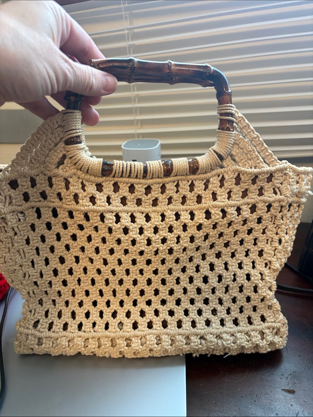 Handmade Crochet Straw Tote Bag with Bamboo Handles - Beige
